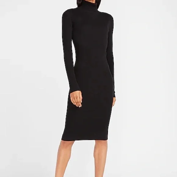 Women's Ribbed Turtleneck Midi Dress - Long Sleeve Stretchy Bodycon Knit Dress For Winter, Elegant & Slim Fit